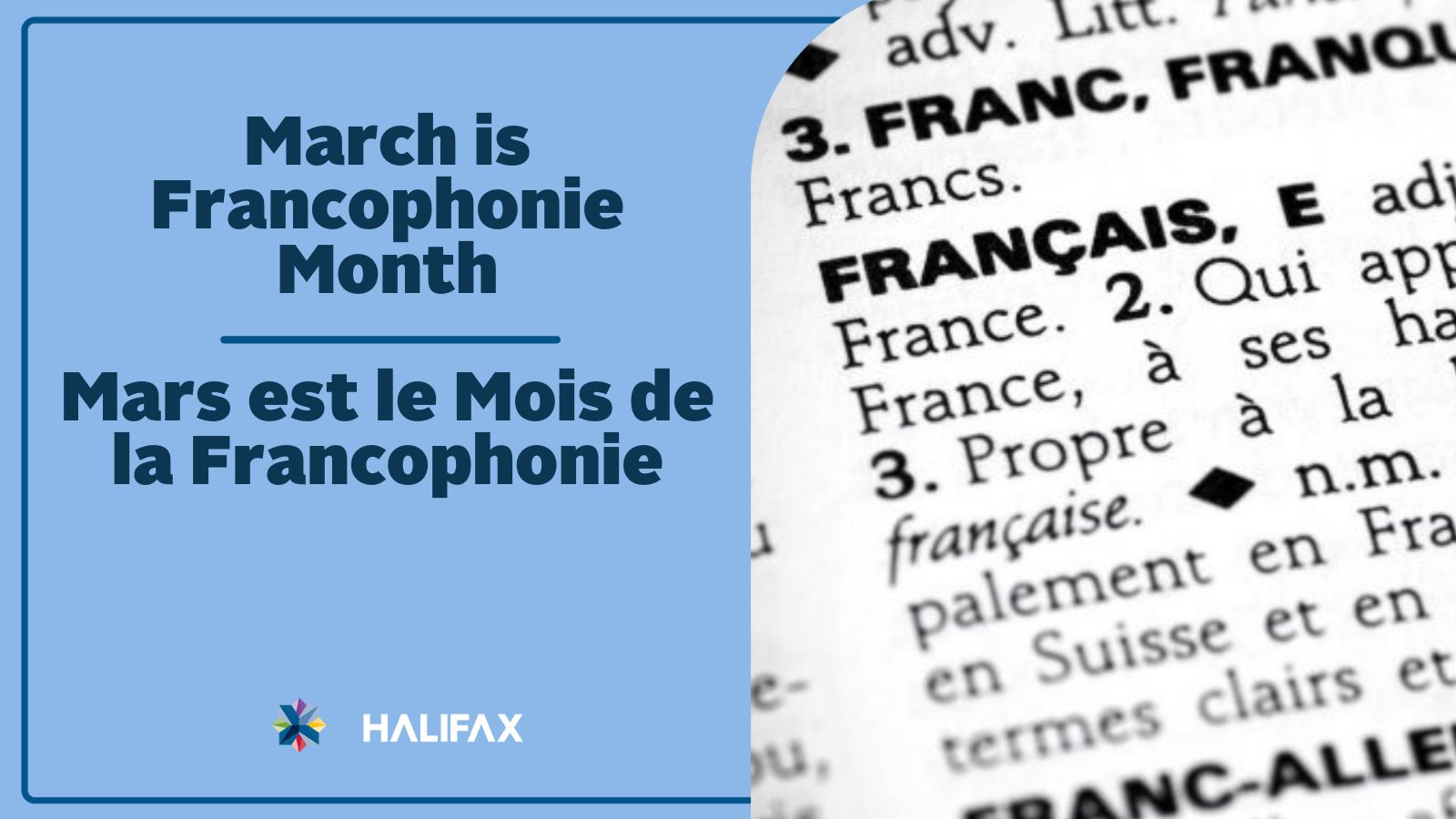 Mars est le mois de la Francophonie page d'un dictionnaire avec le mot français